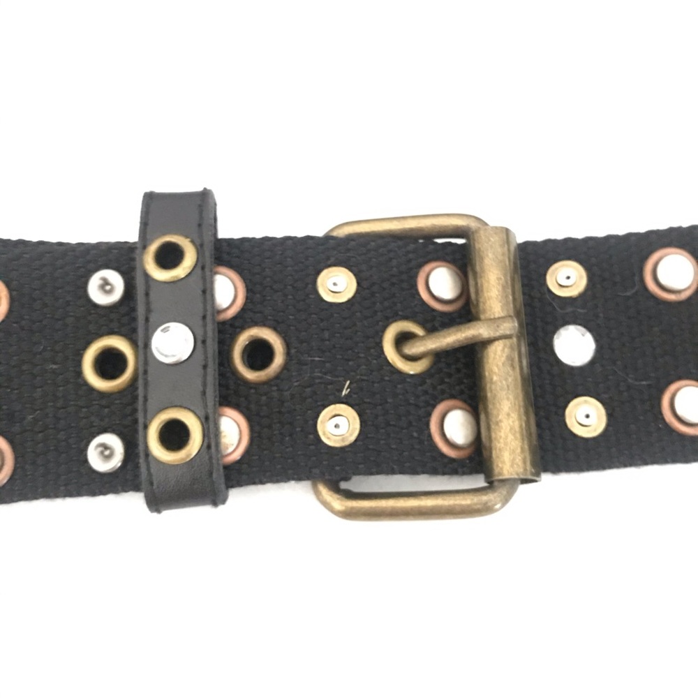 Rhinestones Belt Gold Silver Metal Grommets Black Woven Fabric 43”